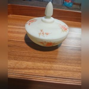 Vintage Fenton Custard Glass hand painted floral Candy or Powder Dish with lid